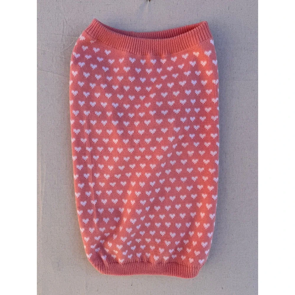 Coral Pink Heart Pattern Knit Pet Sweater Sleeveless Dog Cat Jumper Small